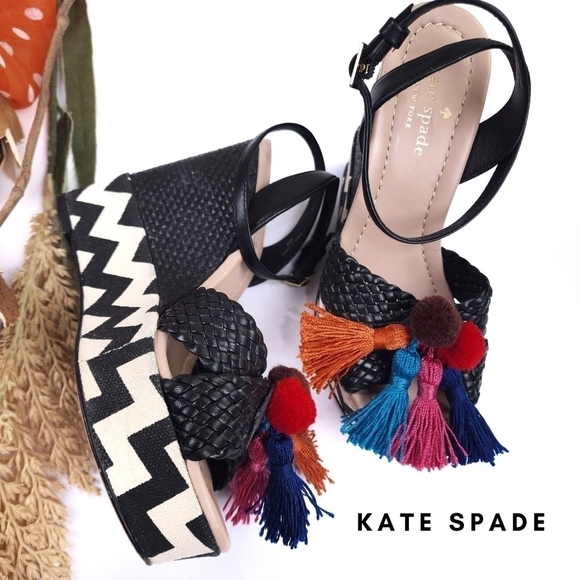 Kate Spade Black Woven Platform Sandal Wedges with Tassels Sz 6m - Picture 1 of 14